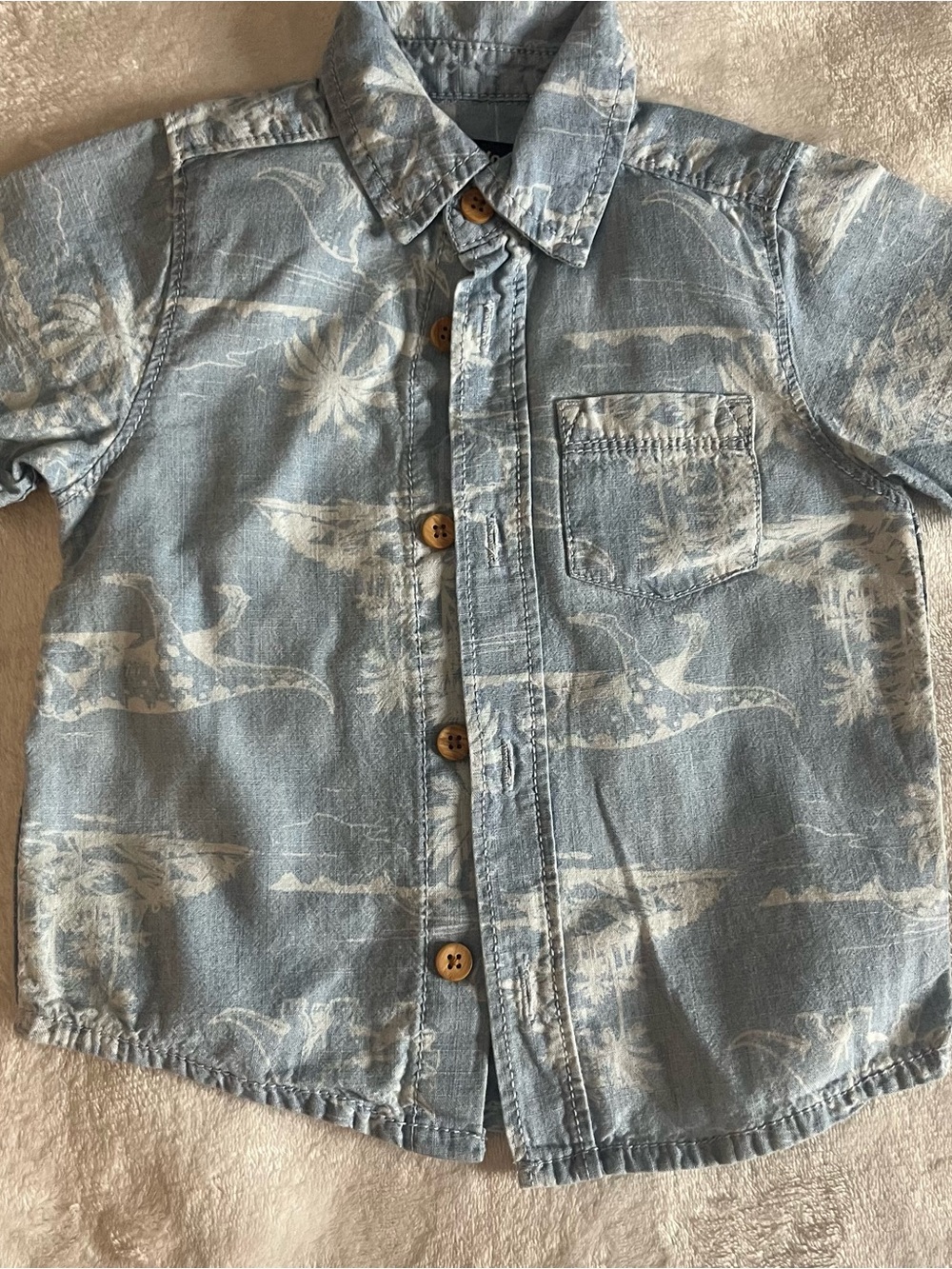 Osh Kosh B’gosh Baby Boy Blue‎ Tropical Dinosaur Print Button-Up Denim Shirt 18M
